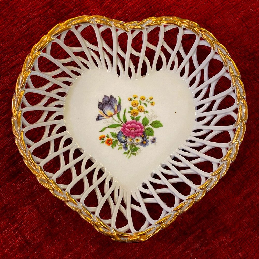 Vintage Romanian Reticulated Porcelain Heart Shaped Floral Themed Trinket Dish